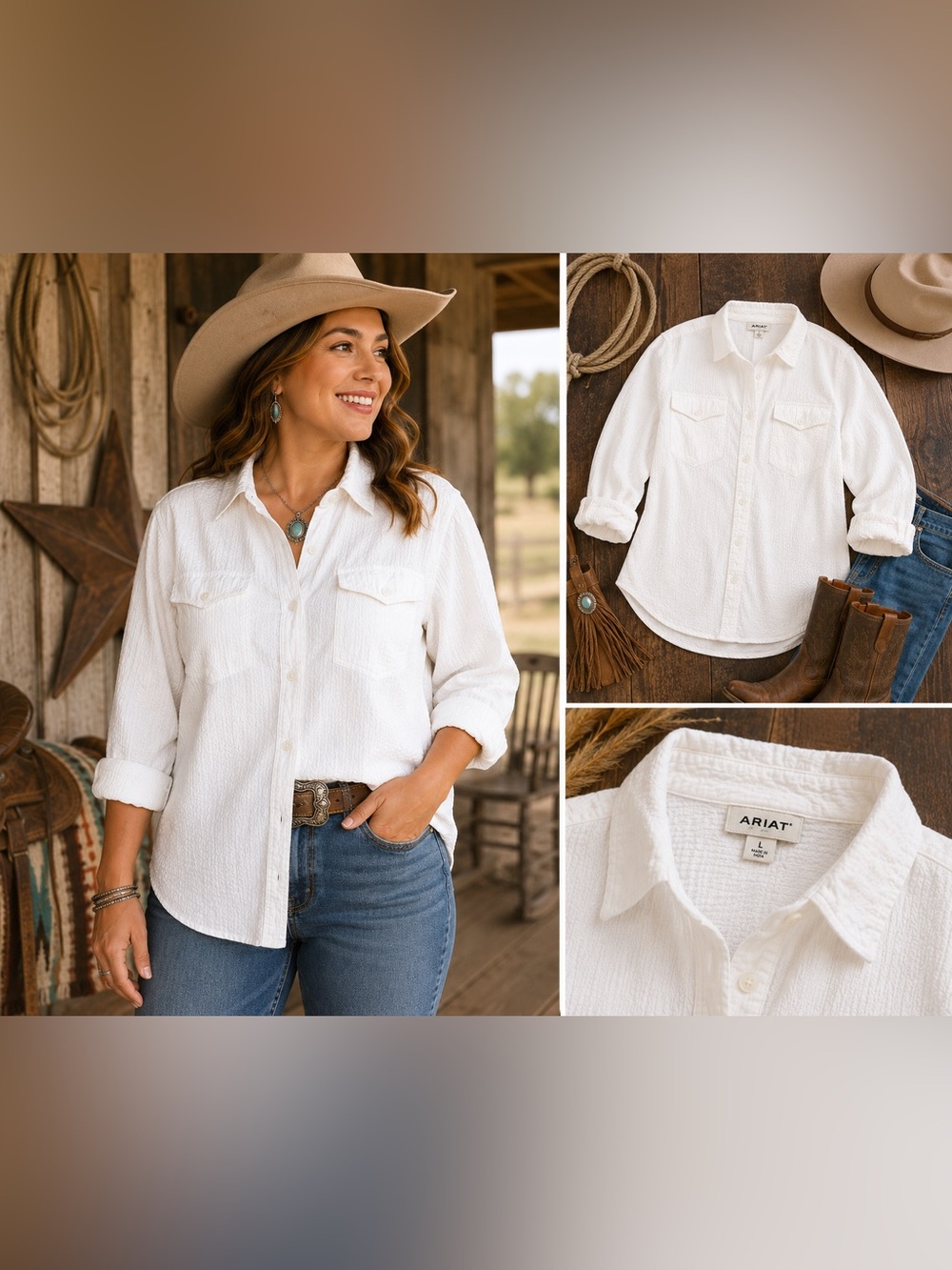 Ariat Cloud Dancer White Seersucker Button Up Shirt Women’s Large Cotton